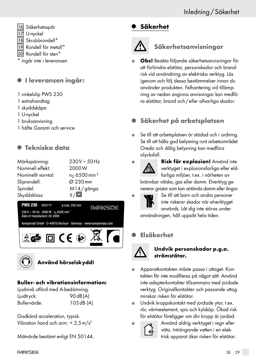 Kompernass PWS 230 manual Inledning / Säkerhet 